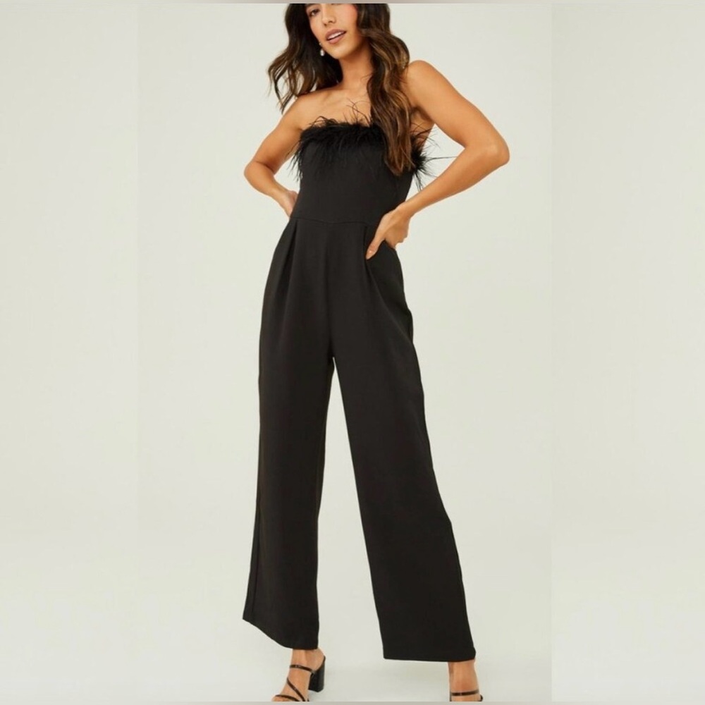 Altar’d State Feathers Trim Wide Leg Strapless Jumpsuit Sz M